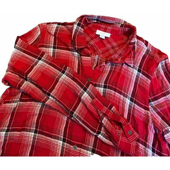 J Jill Shirt Women Small Tall Red Plaid Button Up  Long Sleeve‎ Rayon Top - Picture 1 of 5